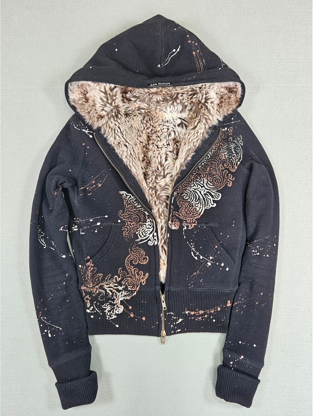 Miss Me Black Fur Lined Zip Up Hoodie Size S Y2K